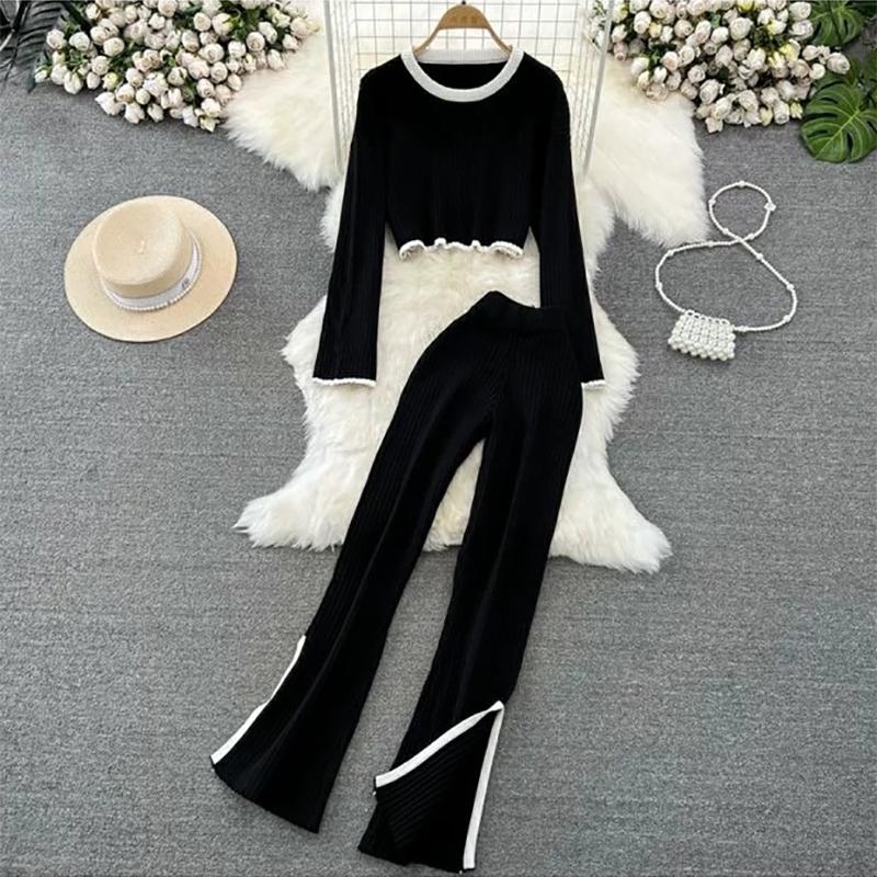 

Женский осенне-зимний тонкий свитер с длинными рукавами в стиле пэчворк, широкие длинные брюки, комплект из двух предметов, свободный спортивный комплект с резинкой и круглым вырезом Fit For 40-70KG чёрный