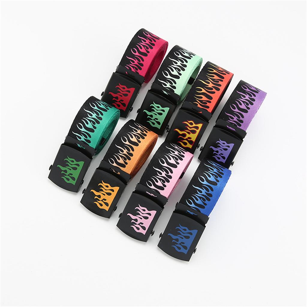 Hip Hop Style Flame Pattern Belt With Metal Buckles Durable Weave Fabric Adjustable Waist Strap For Punk Fashion Enthusiasts