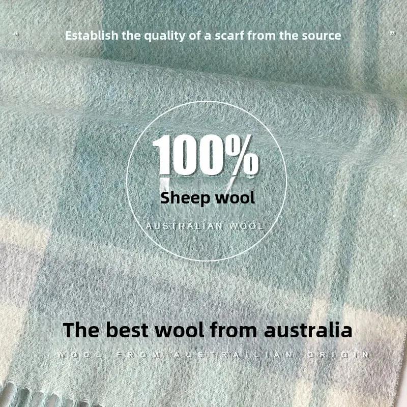 100% Pure Wool Scarf For Men Winter Deep Blue Plaid Wool Neck Warmer Luxury Gift For Boyfriend Dad And Elderly