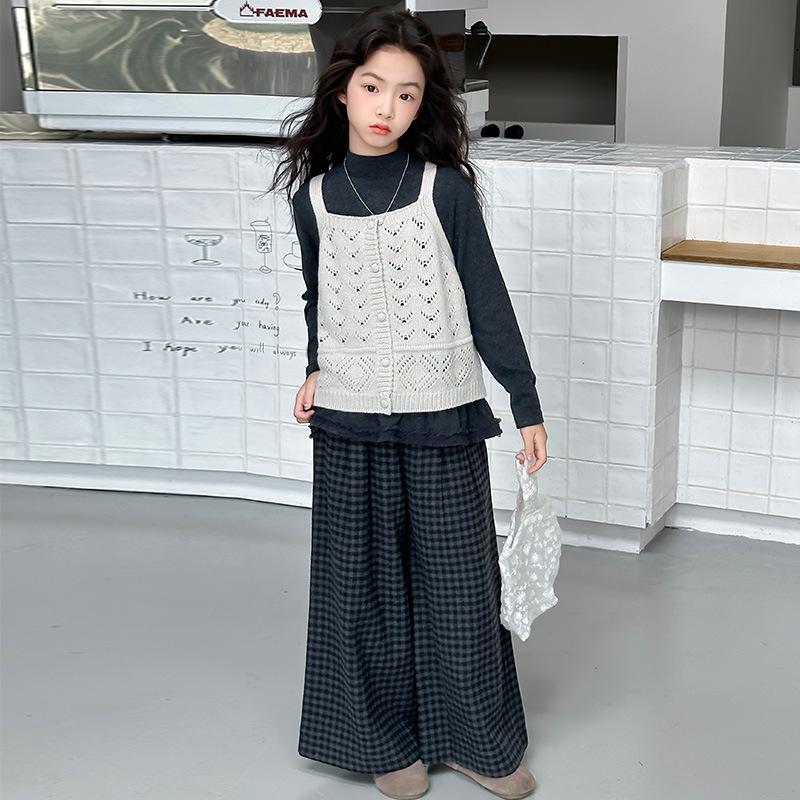 

Girls Plaid Wide-Leg Pants 3-Piece Set for Spring/Autumn 2025 170 cm