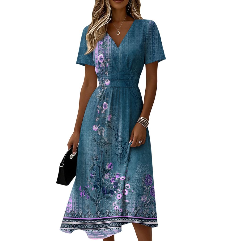 Damen-Kleid mit Blumenmuster, lässig und modisch, kurzärmelig, V-Ausschnitt