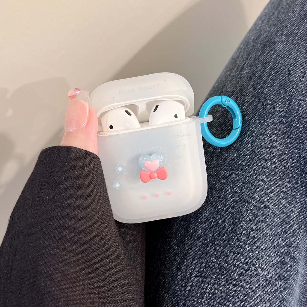 Blaues Herz 3D Schleife Kristall Niedliche Blume Matte Schlüsselanhänger Kopfhörerhülle Drahtlose Bluetooth Ladebox für Apple Airpod 1 2 Pro 3