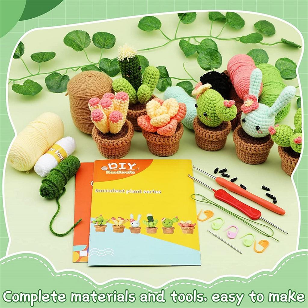DIY Crochet Craft Set Crochet Potted Plant Kits with Crochet Hook, Yarns, Needle, Instructions, Accessories for Beginner