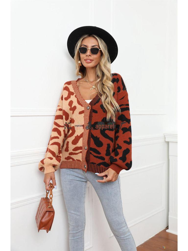 European & American Leopard Print Knitted Cardigan: Autumn/Winter, Mid-Length, Round Neck, Single-Breasted, Streetwear Style, Plus Size Sweater