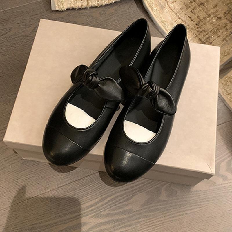 Spring New Ballet Shoes Women's Round Head Bow Pearl Mary Jane Shoes Metal Buckle Commuter Dating