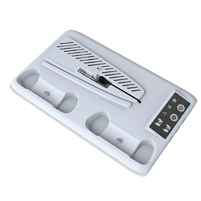 

PS5/PS5 Slim Подставка с вентилятором охлаждения и RGB-подсветкой Док-станция для зарядки двух контроллеров Держатель для наушников Несколько портов USB Противоскользящие силиконовые накладки 30*19*3.2cm белый