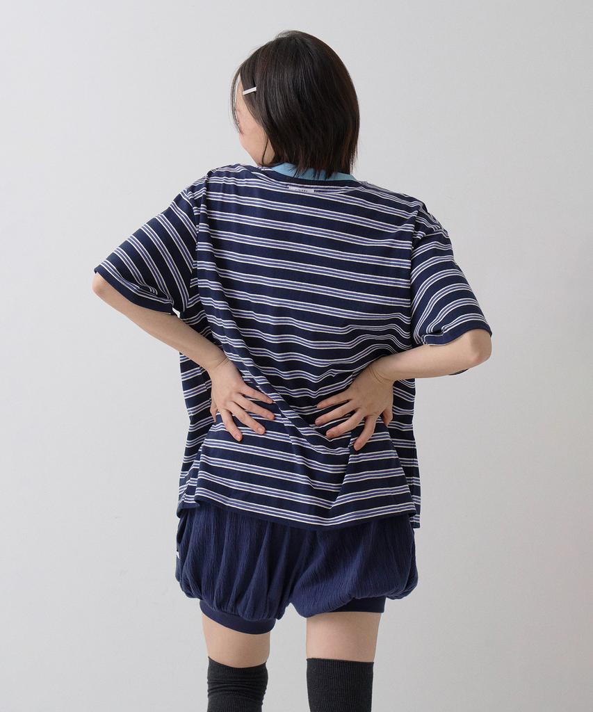 Sayu Striped Biscuit Short Sleeve T-Shirt Navy