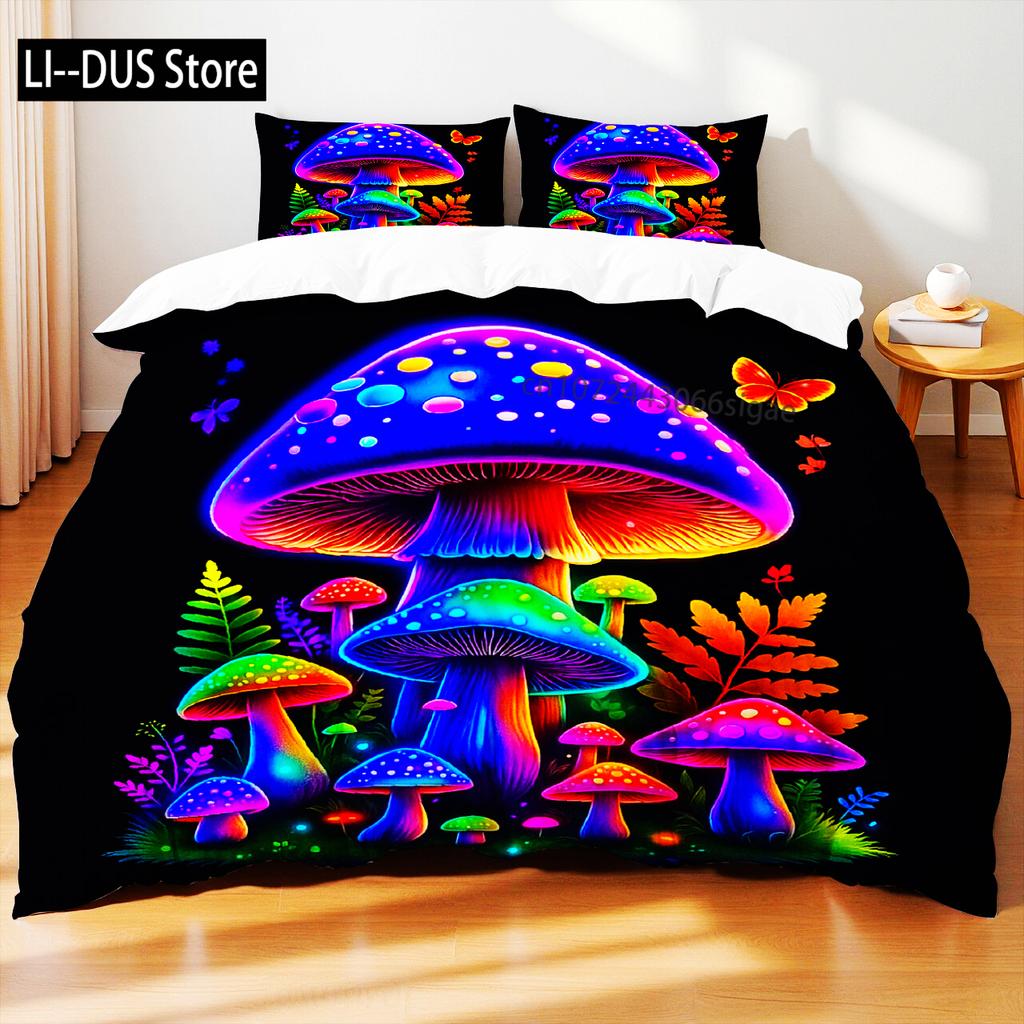 Ložní souprava s motivem hub Barevné houby Listy Motýli Přírodní styl Povlak na přikrývku velikosti Queen Prostěradlo Povlaky na polštáře Domácí textil