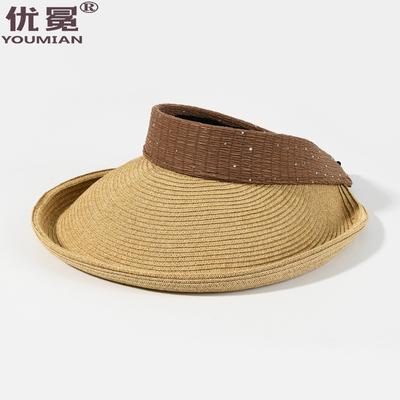 New Empty Top Straw Hat Women's Summer Seaside Vacation Leisure Sun Hat Rhinestone Sun Hat Big Brim Shows Small Face