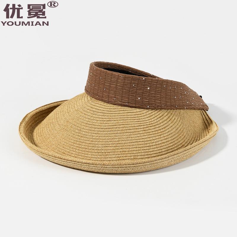 New empty top straw hat women's summer seaside vacation leisure sun hat rhinestone sun hat big brim shows small face
