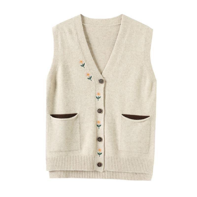 Embroidered V-neck Vest Cardigan Women's Spring and Autumn Vest Loose Knitted Cardigan Sweater Vest