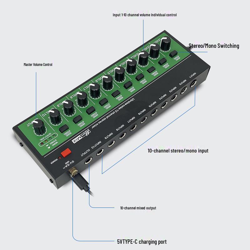 10-Channel Audio Mixer for Musical Instruments and Guitar Amplifier