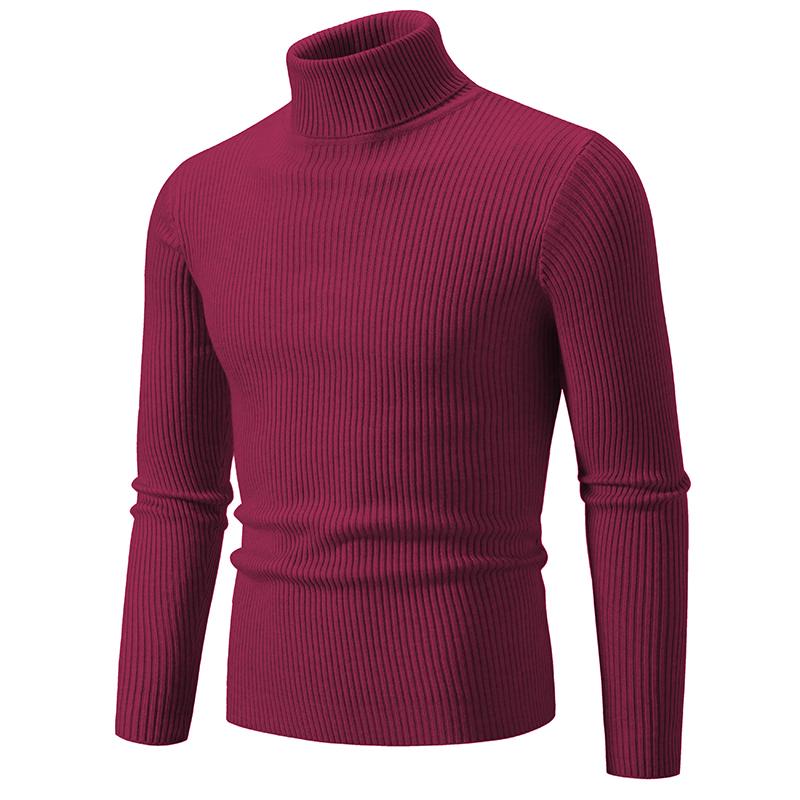 Men's High-Neck Pullover Sweater Autumn Casual Elastic Solid Color Vertical Stripe Knitted Comfortable Basic Sweaters