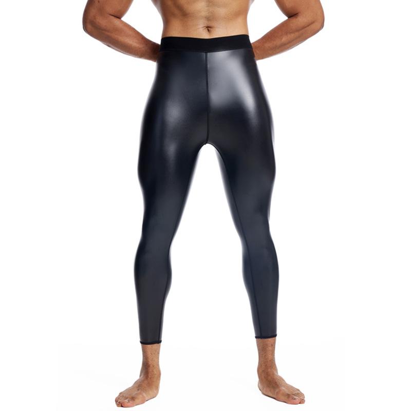 Pantaloni Fitness Yoga Modellanti in Pelle Senza Cuciture da Uomo con Controllo Pancia Sollevamento Fianchi Vita Media Lunghezza Tre Quarti