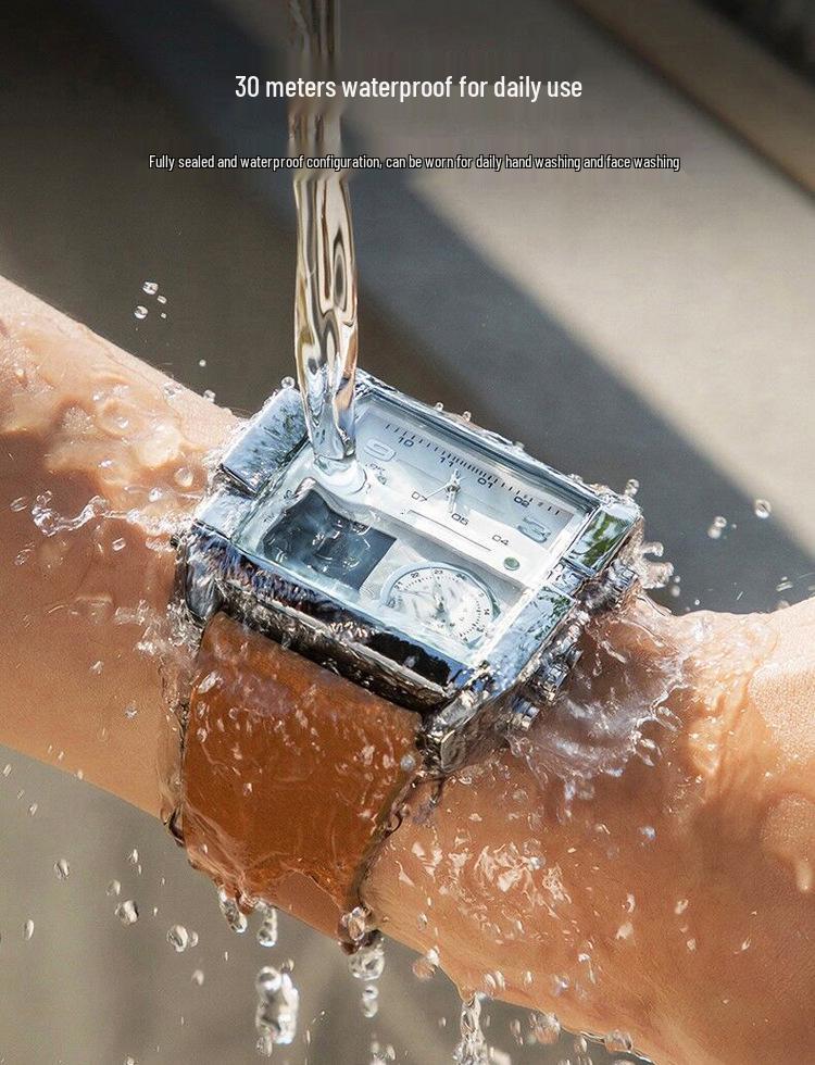 Oulm Men's Square Dial Waterproof Sport Watch with Multifunctional Features and Gold Leather Strap