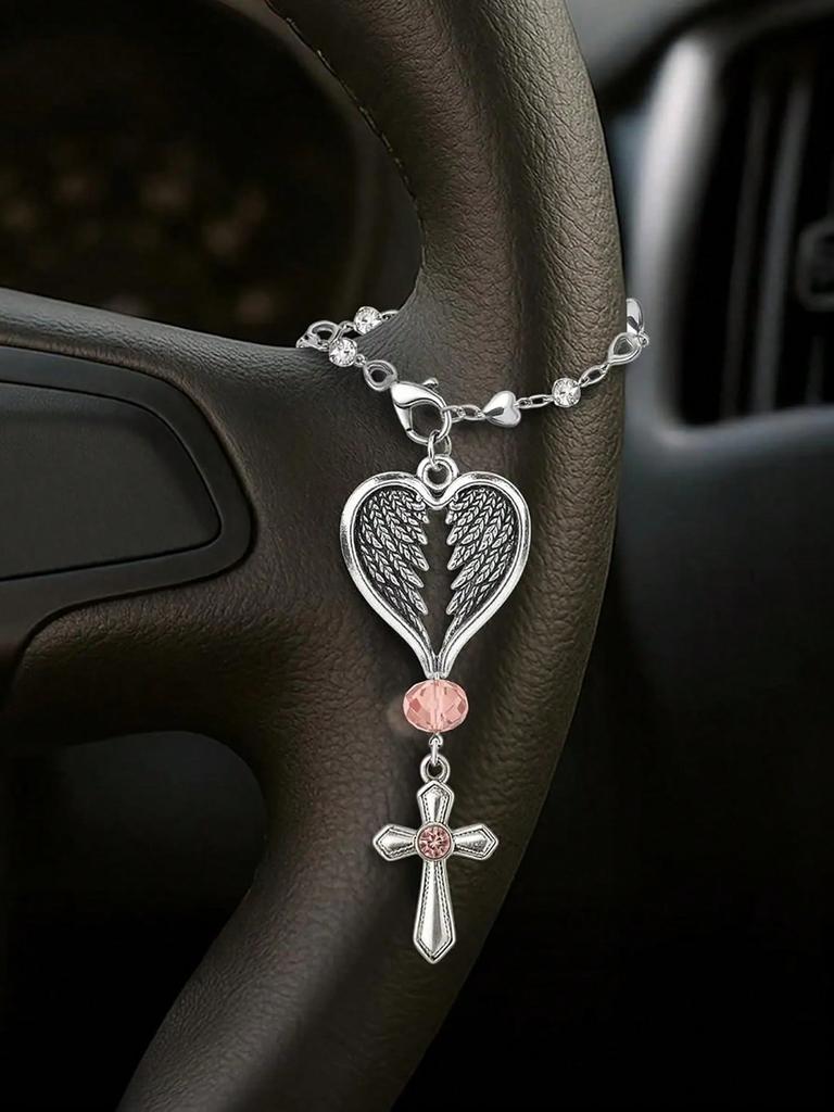 Guardian Heart Wing Cross Charm - Car/Steering Wheel/Handbag Pendant Silver Tone with Pink Crystal Elegant Decor for Auto Interior & Bag Accessory