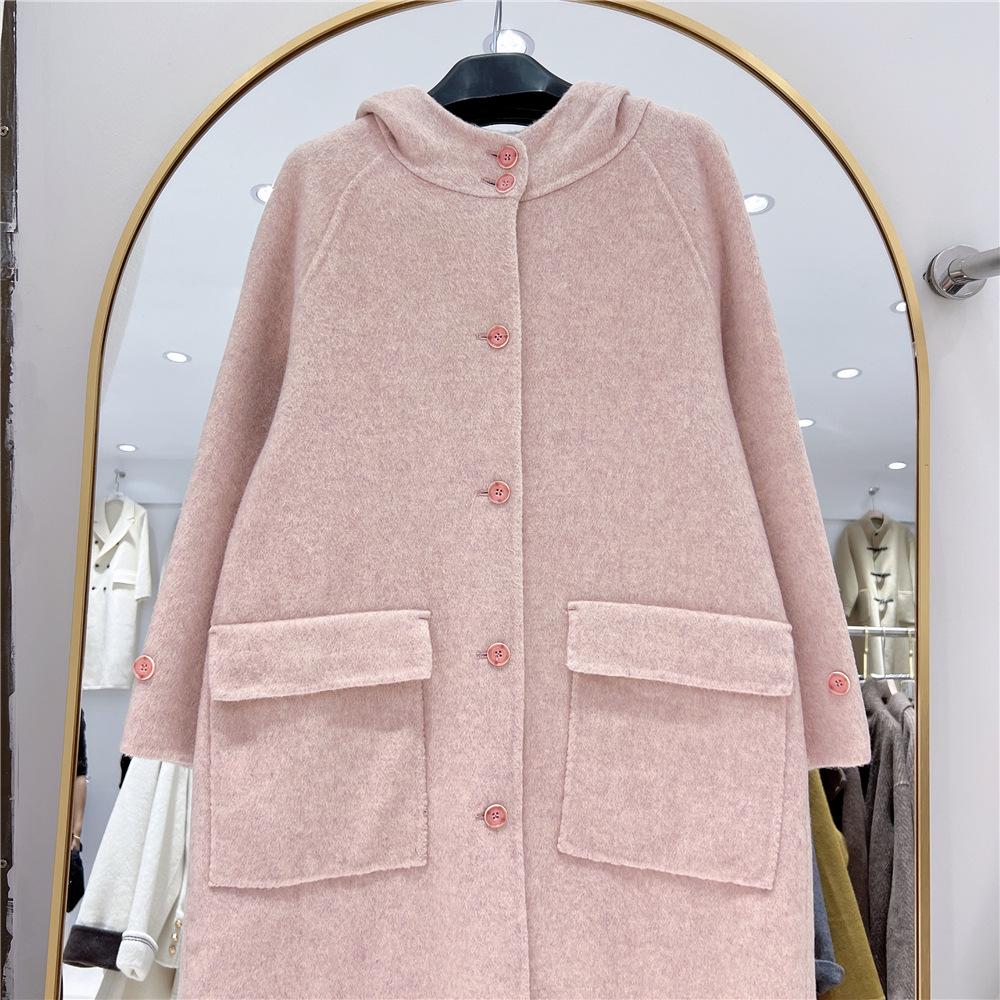 Women's 2024 Winter Korean Style Hooded Cashmere Coat, Mid-Length, Single-Breasted, Loose Fit
