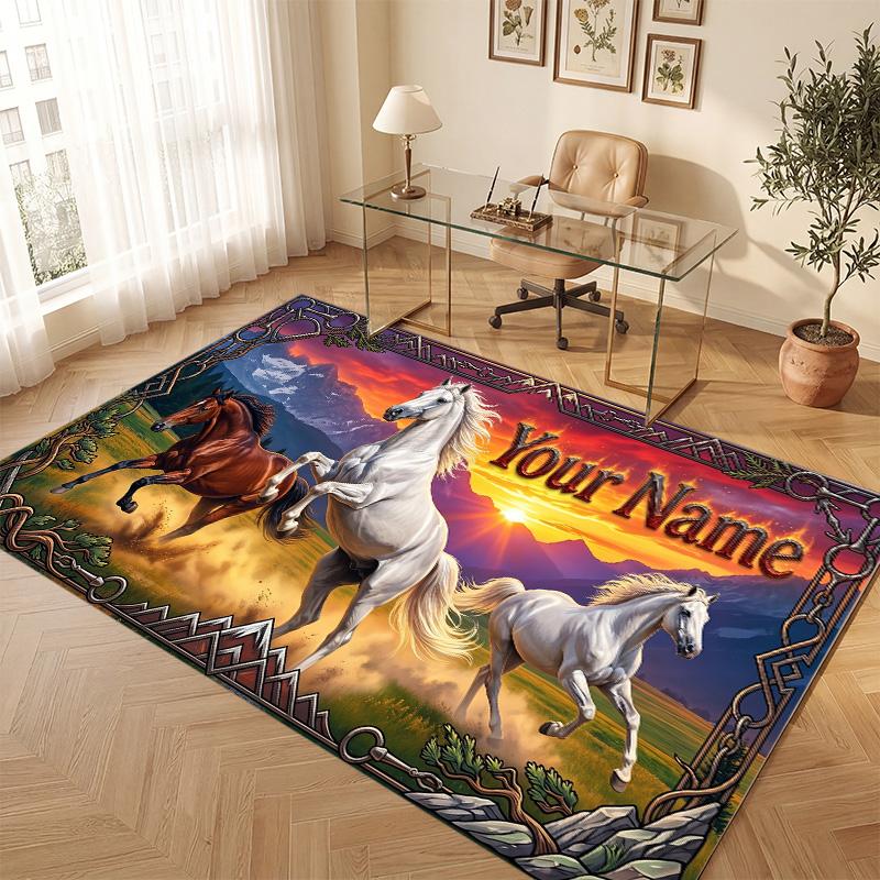 Horse Theme Soft Crystal Velvet Rug Custom Name & Text Print Non Slip Floor Rug for Bedroom Living Room