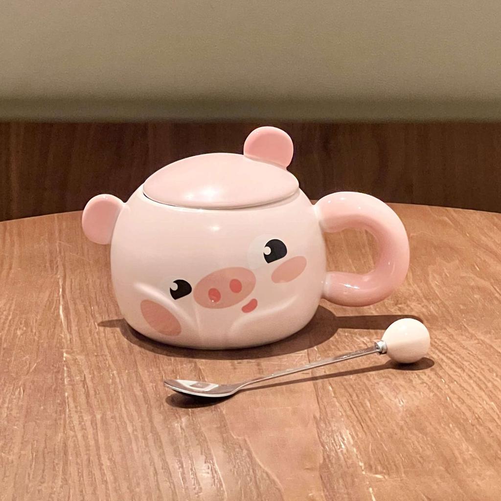 Cute Cartoon Piggy Ceramic Cup Girl Heart Mug with Lid Spoon Office Coffee Mug Birthday Gift