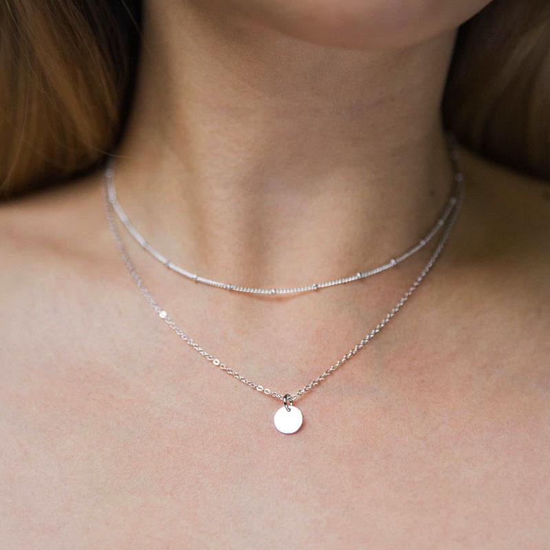 Stainless Steel Double Layer Round Disc Pendant Necklace - European & American Style