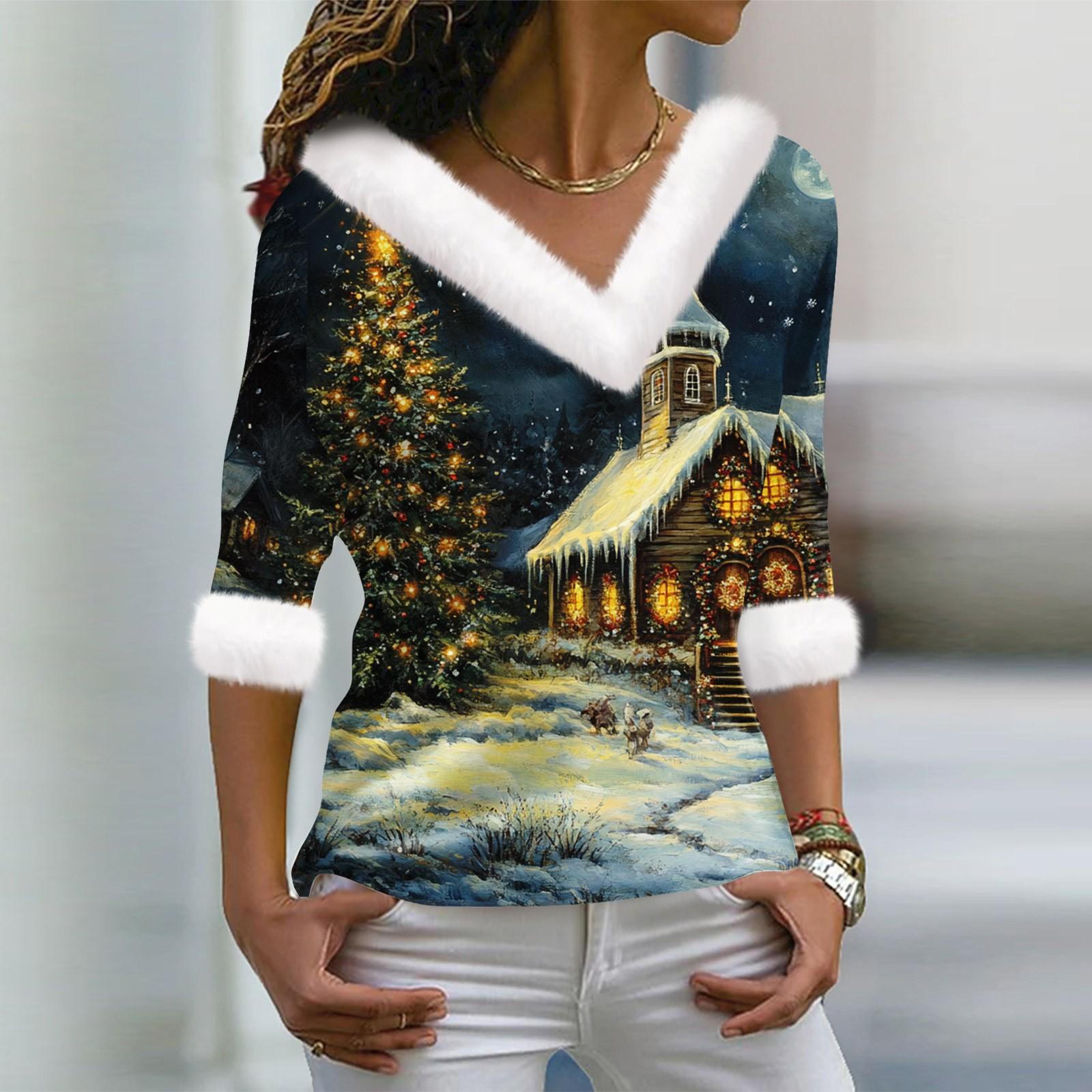 

Женский модный повседневный топ с V-образным вырезом и длинными рукавами, рождественским принтом и плюшевым воротником L