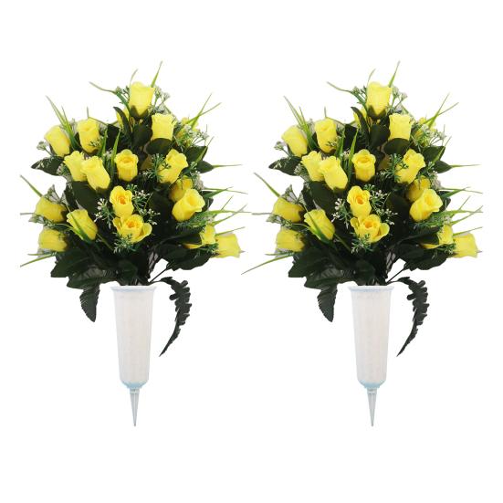 2 Pcs Artificial Cemetery Flowers Outdoor Gravestone Faux Rose Flower with Vase Graveyard Memorial Bouquet for Cemetery Headstones Decoration