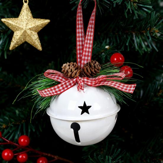 Christmas Bell Ornaments with Pinecones Berries Plaid Bow Rustic Metal Jingle Bells Xmas Tree Hanging Decor for Holiday Door Window Tree Party Decor