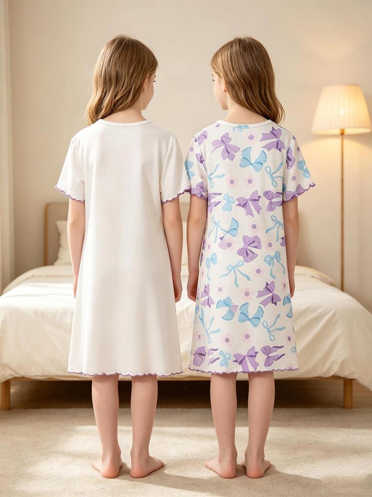 Girls 2-Pack Bow Print Nightgowns, White Short Sleeve Sleep Dresses for 8-12Y, Cute Loungewear