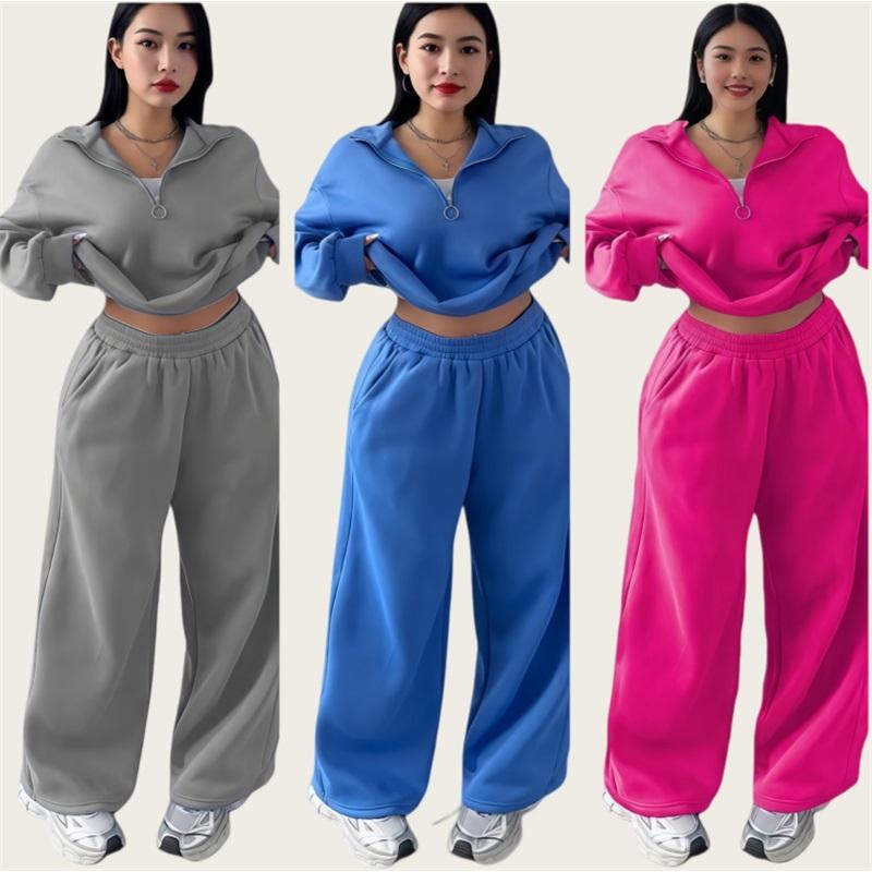 Women's 2 Piece Casual Tracksuit Half Zip Sweatshirt And Elastic Waist Wide Leg Pants Loungewear Set