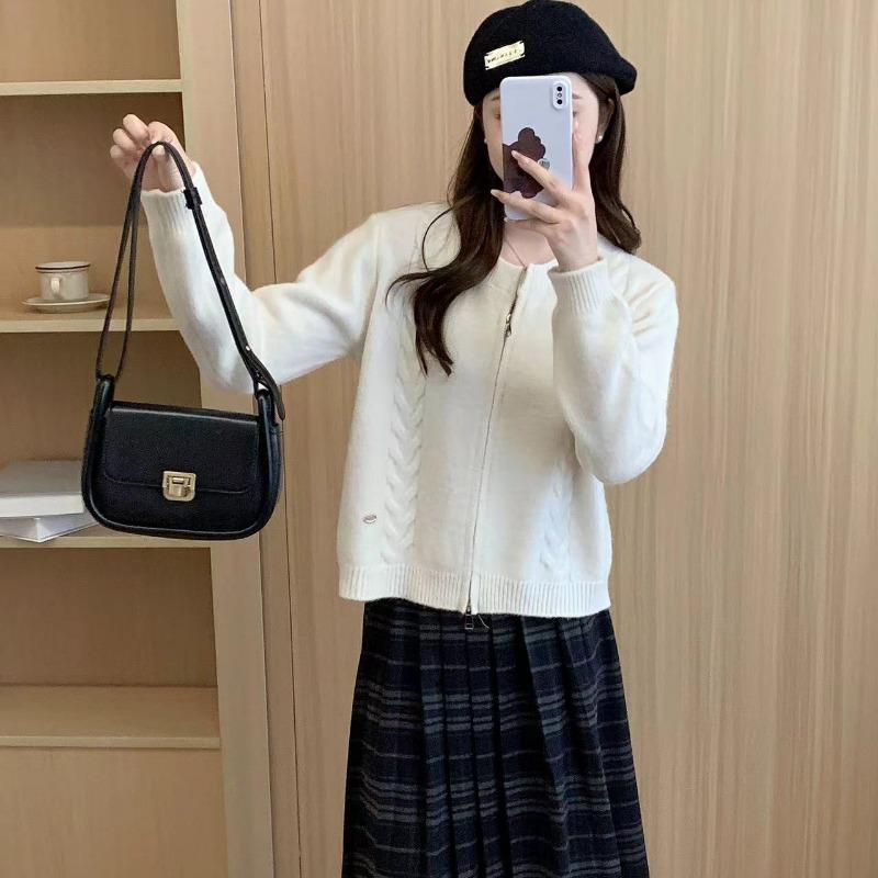 Simple style design double zipper twist sweater jacket women's autumn and winter new versatile thick knitted cardigan women