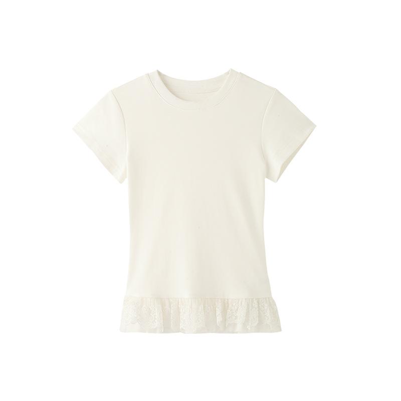 8073 #Special 40 Cotton Threaded, Lace Lace Age-reducing Short-sleeved T-shirt for Women
