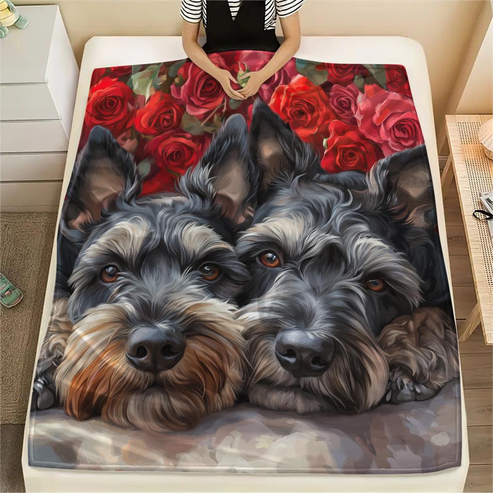 Schnauzer and Roses,pattern Flannel Blanket, High Quality Comfortable for All Seasons, Home Decor, Warmth and Comfort, Perfect for Gifts.