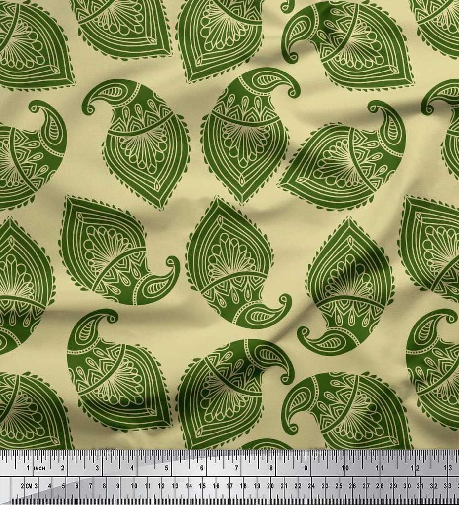 Soimoi Blue Japan Crepe Satin Fabric Green Paisley Printed Craft Fabric by the metre 42 Inch