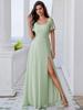 Ever-Pretty Women's U-Neck Backless Frenulum Knotting Short Sleeves High Slit A-Line Bridesmaid Dress Chiffon Evening Dresses