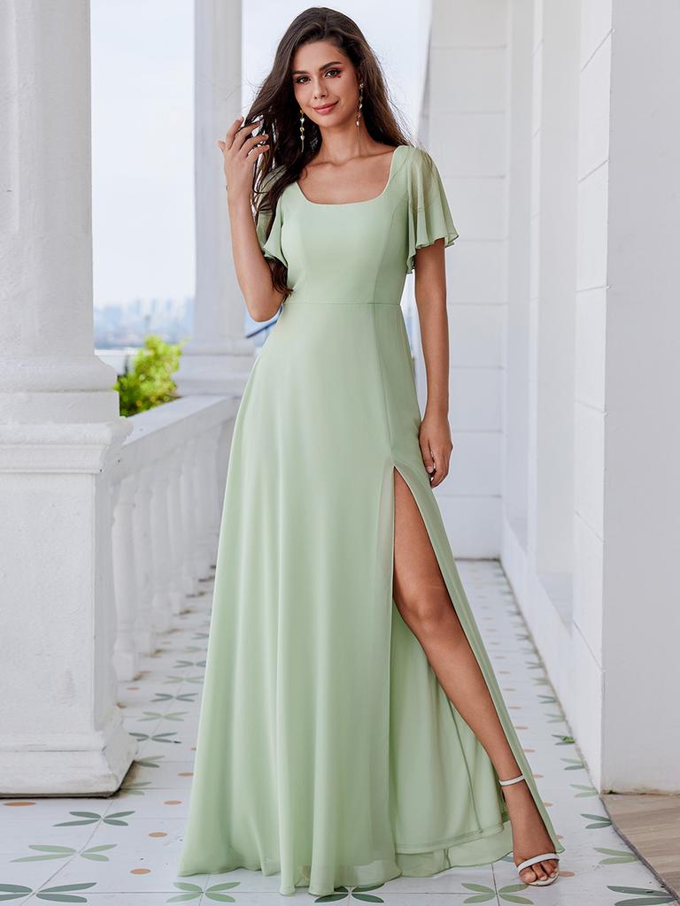 Ever-Pretty Women's U-Neck Backless Frenulum Knotting Short Sleeves High Slit A-Line Bridesmaid Dress Chiffon Evening Dresses