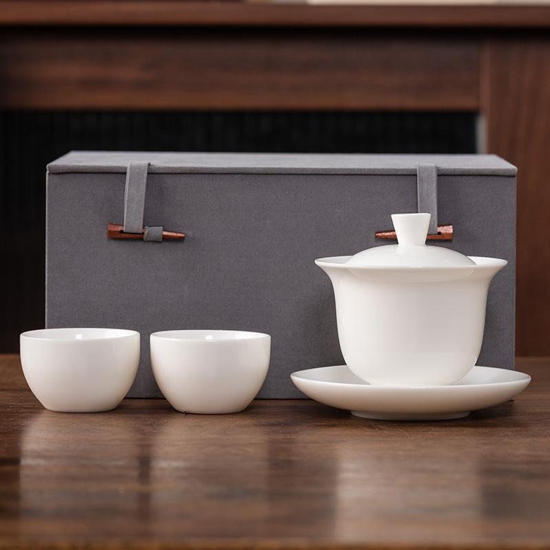 Hover Cover Bowl Suet Jade Porcelain White Porcelain High-end Three Talents Brewing Tea Bowl One Pot Two Cups Gift Box Light Luxury Boutique Tea Set