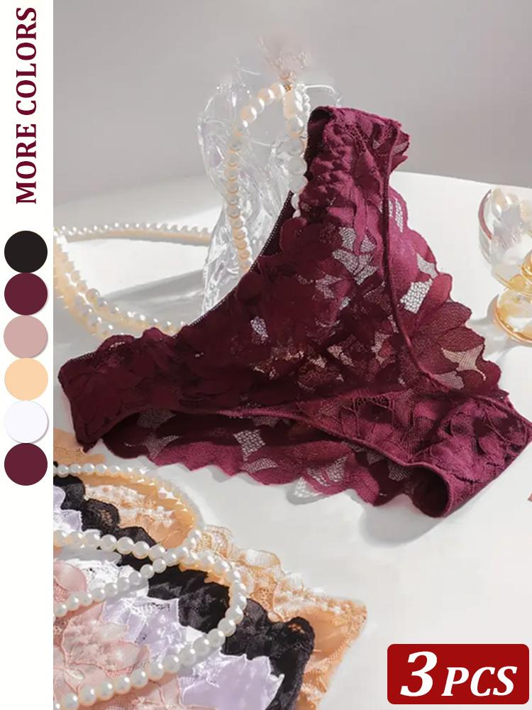 3 Piezas/Set Sexy Encaje Floral Conjuntos de Bragas Ropa Interior Hueco Transparente Romántica Lencería Ropa Interior Sexy Bragas para Mujer S-XL
