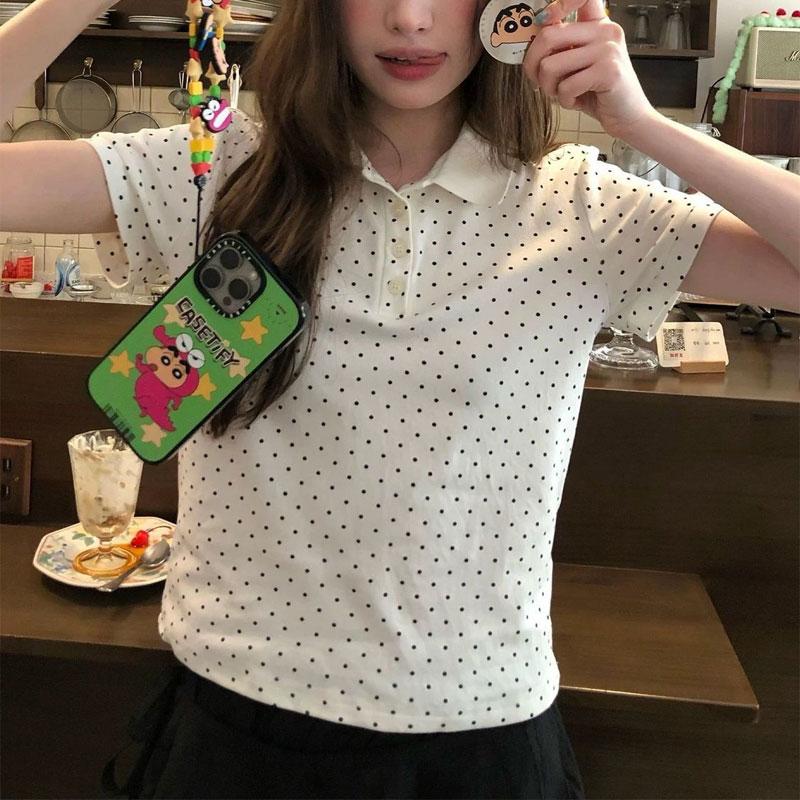 Women White Polka Dot Lapel Half Button Short Sleeve Polo Shirt
