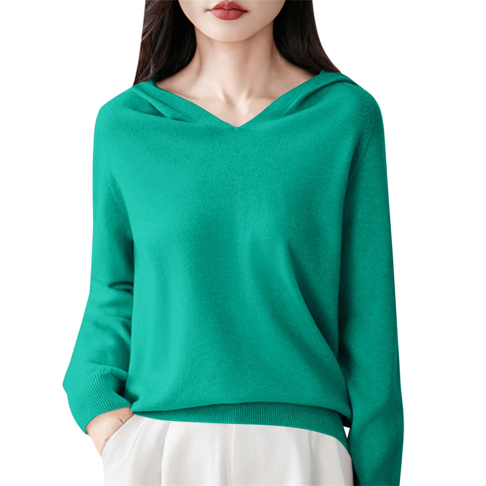 

Women s Fashion Long-Sleeved -Colour V-Neck Hooded Knitted Sweater Warm Sweatshirt Knitwear XXL зелений