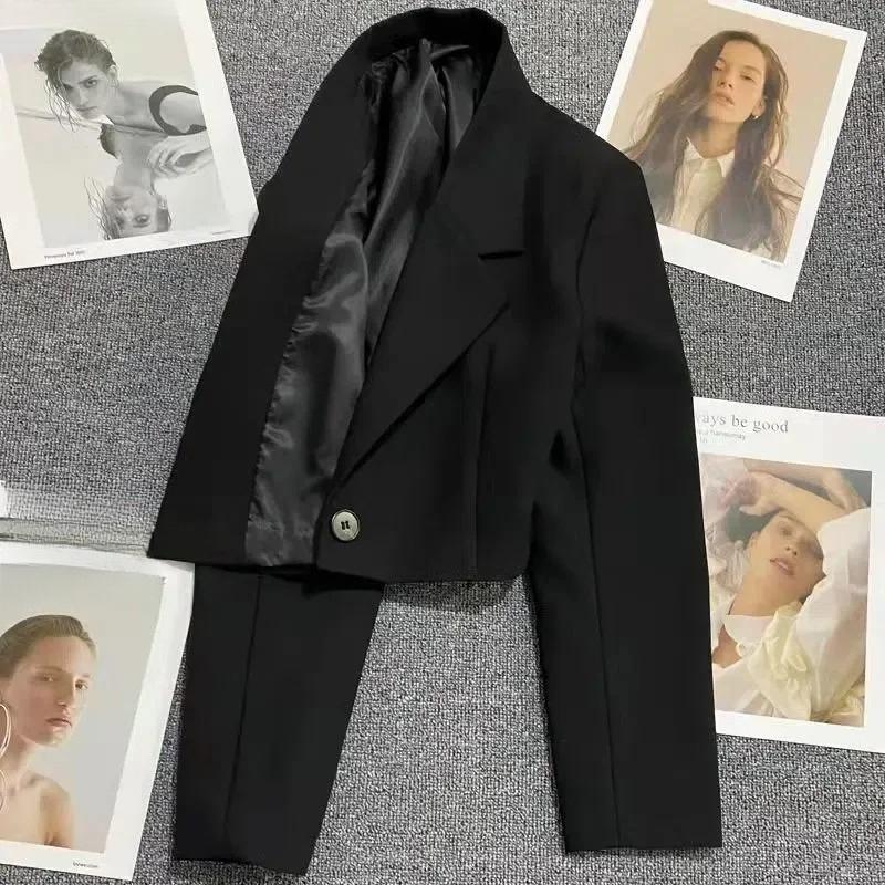 Smvp Black Cropped Blazers Woman Trend All-match Notched Collar Crop Jacket Women Korean Chic Single Button Suit Coat