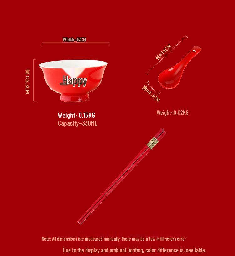 Red Double Happiness Ceramic Tableware Set: Wedding Bowl, Spoon, and Chopsticks Gift