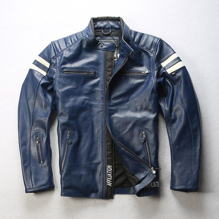 Stand-up collar first-layer cowhide leather jacket men's Harley two-bar locomotive leather jacket