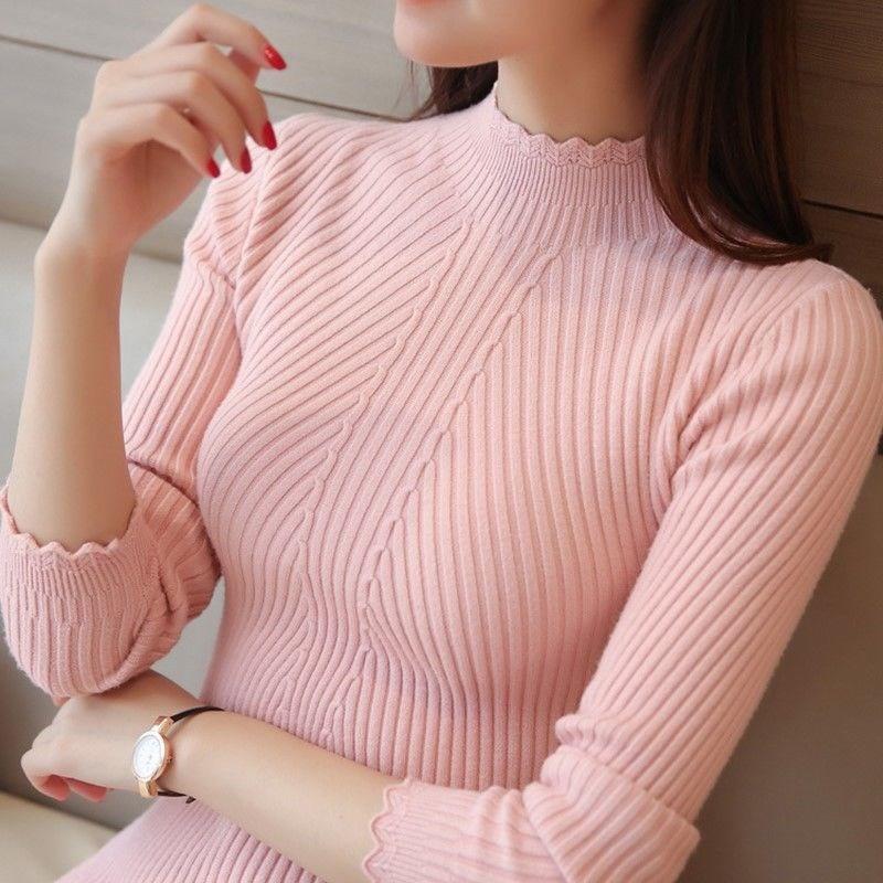 Maglione da Donna con Collo Alto e Volant Manica Lunga Lavorato a Maglia Base a Righe Pullover Casual da Donna Autunno