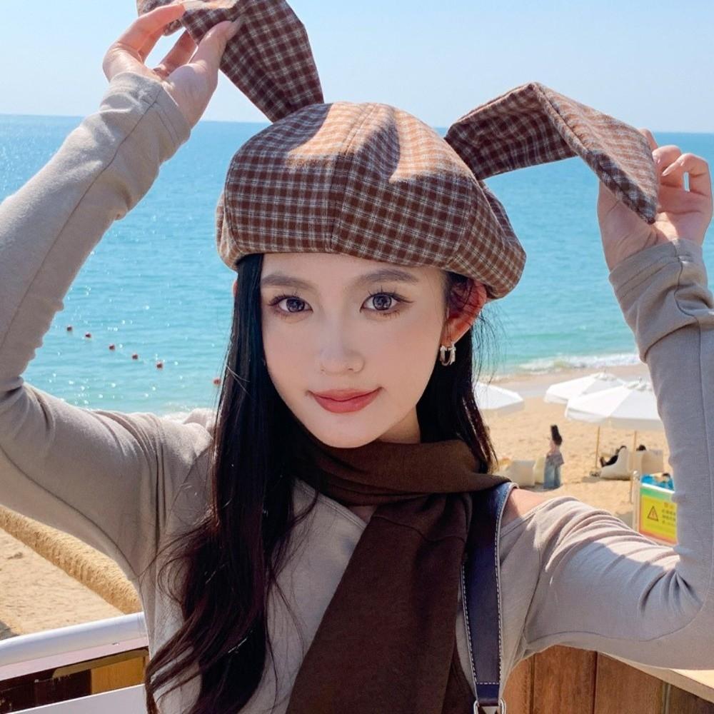Korean Style Rabbit Ears Octagonal Hat Big Head Circumference Women Artist Hat Plaid Beret  Ladies