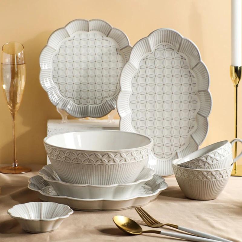 Creative Solid Color Relief Ceramic Plate Fashion Classic Irregular Steak Plates Delicious Dishes Soup Bowls Exquisite Tableware