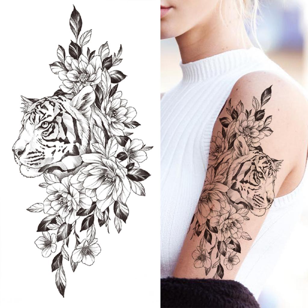 Realistische Nep Pioenroos Tijdelijke Tatoeages Voor Vrouwen Meisje Zwarte Roos Olifant Bloemen Tatoeage Sticker Tijger Anemoon Tatoeages Halfmouw