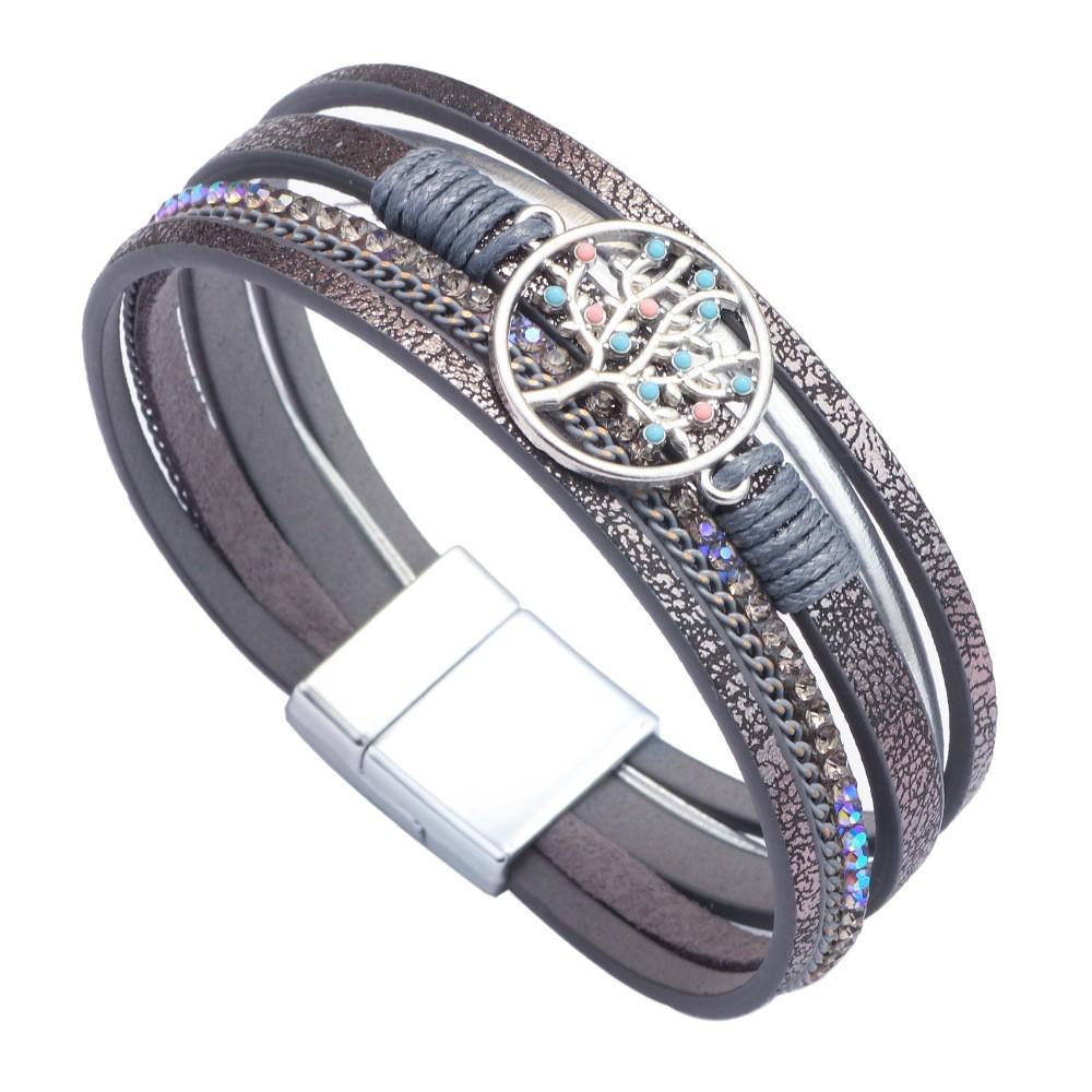 Bohemian Micro-Diamond Cross Bracelet with Magnetic Clasp & PU Leather