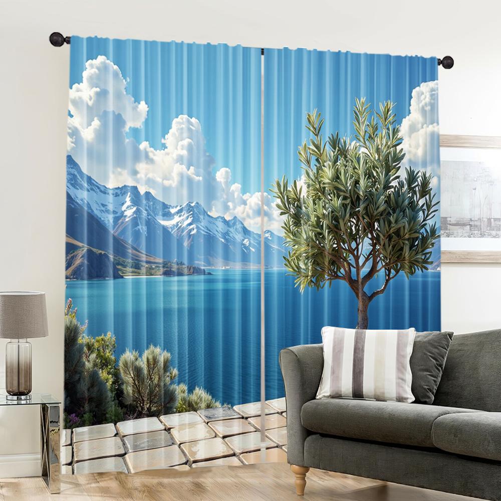 2pcs, 2D Flat Printing Window Curtains Landscape Blackout Polyester Festive Wall Decor Perfect for Carnival Decor