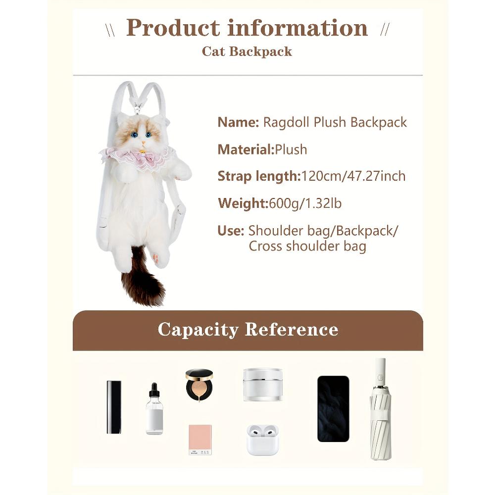 Handmade Unique Ragdoll Cat Shape Backpack Plush Animal Cat Realistic Fashion Gifts for Girls and Cat Lovers Christmas Gifts Valentine's Day Gifts
