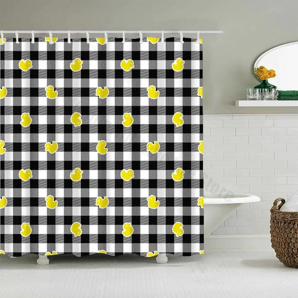 Cute Little Yellow Duck Shower Curtain Cartoon Funny Smiley Face Bathroom Waterproof Bath Duck Fabric 12 Hooks Bathroom Decor